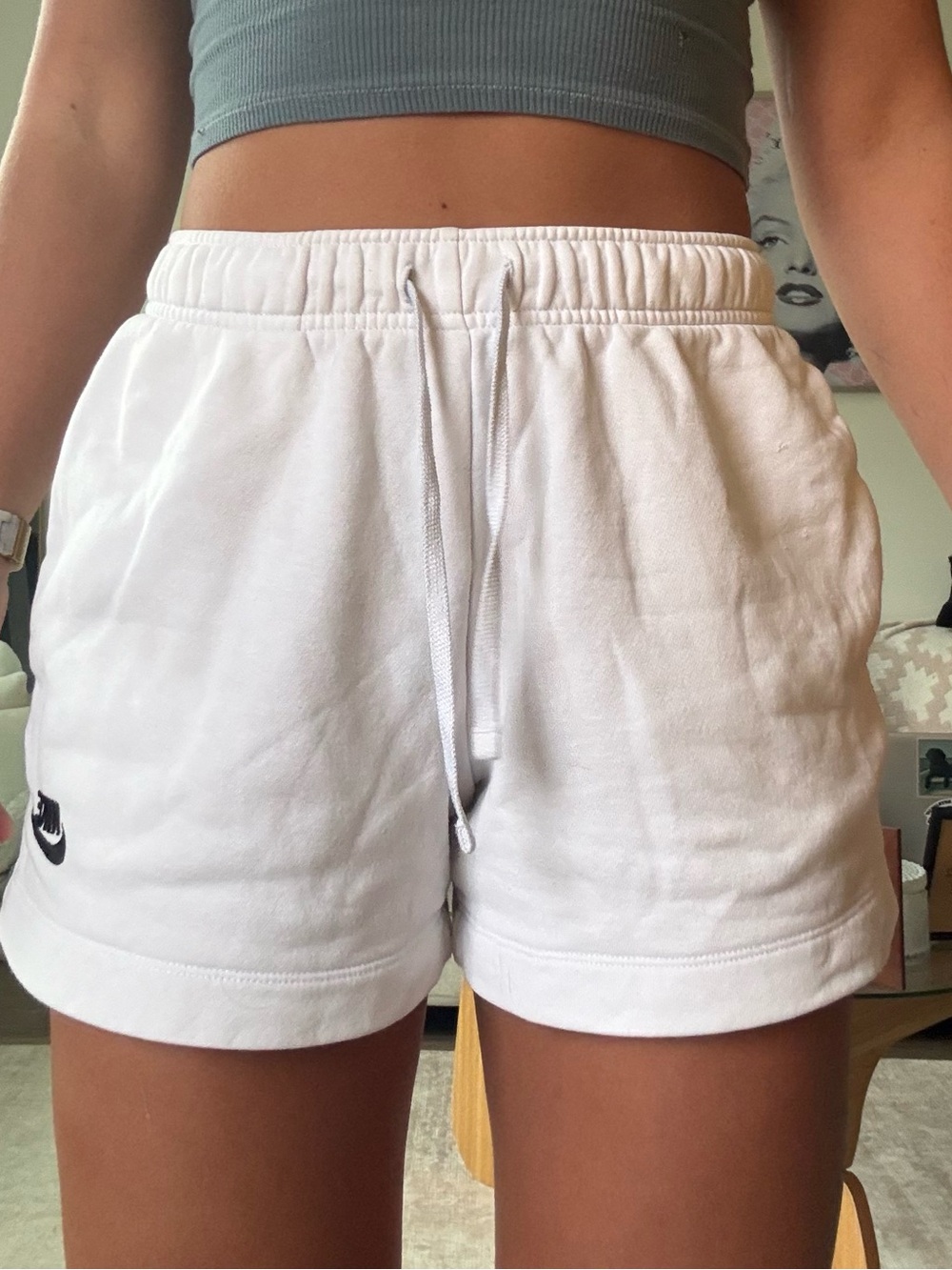 Nike White Drawstring Athletic Shorts with Black Swoosh